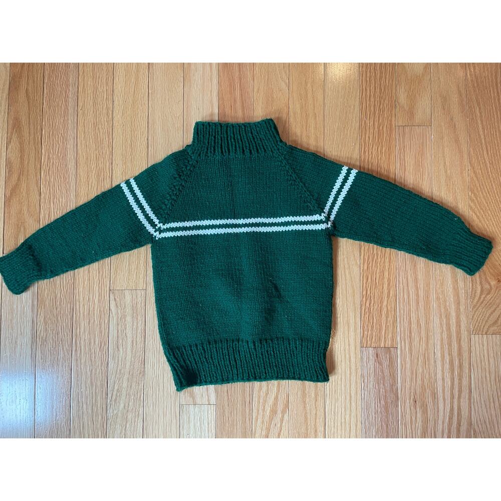 Vintage handmade wool green sweater, kids, white‎ stripe